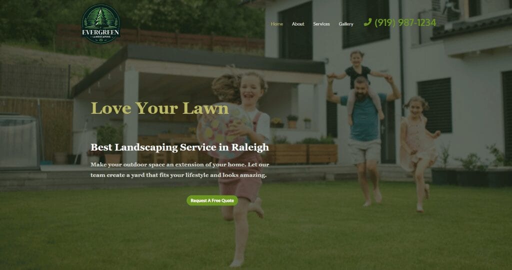 Hero section of a landscaping website showing a family running across a green lawn in front of a home, with the headline “Love Your Lawn,” a short service description, a “Request a Free Quote” button, and a phone number in the top right.
