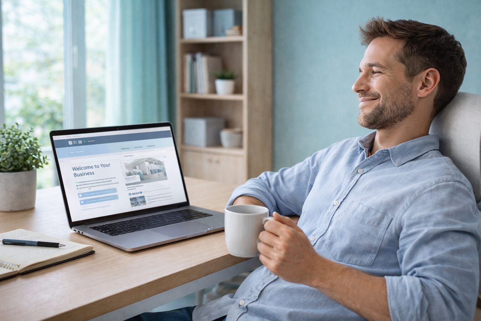 Relaxed small business owner leaning back in a home office chair, holding a coffee mug while viewing his website on a laptop at a tidy desk with soft blue-green walls and natural light.