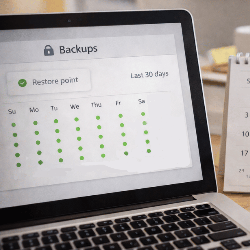 Laptop screen showing a backups dashboard with a 30-day timeline marked by green daily dots, indicating stored restore points, beside a desk calendar in a clean workspace.