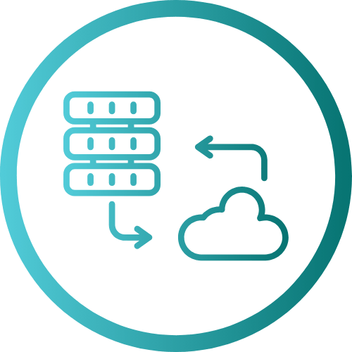 Teal icon of a server stack and a cloud with arrows between them, inside a circular outline, suggesting cloud backups.