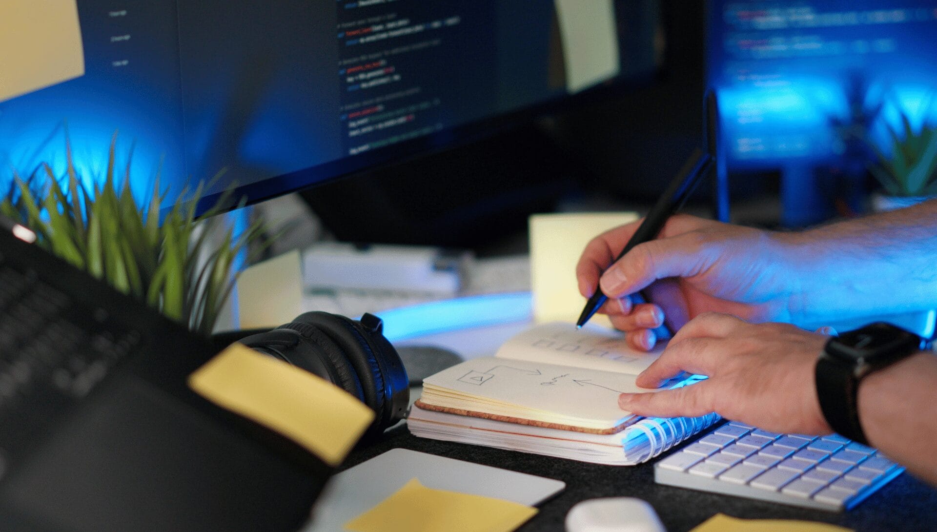 Person writes notes in a notebook at a desk with a keyboard, sticky notes, headphones, and a monitor showing code in the background.