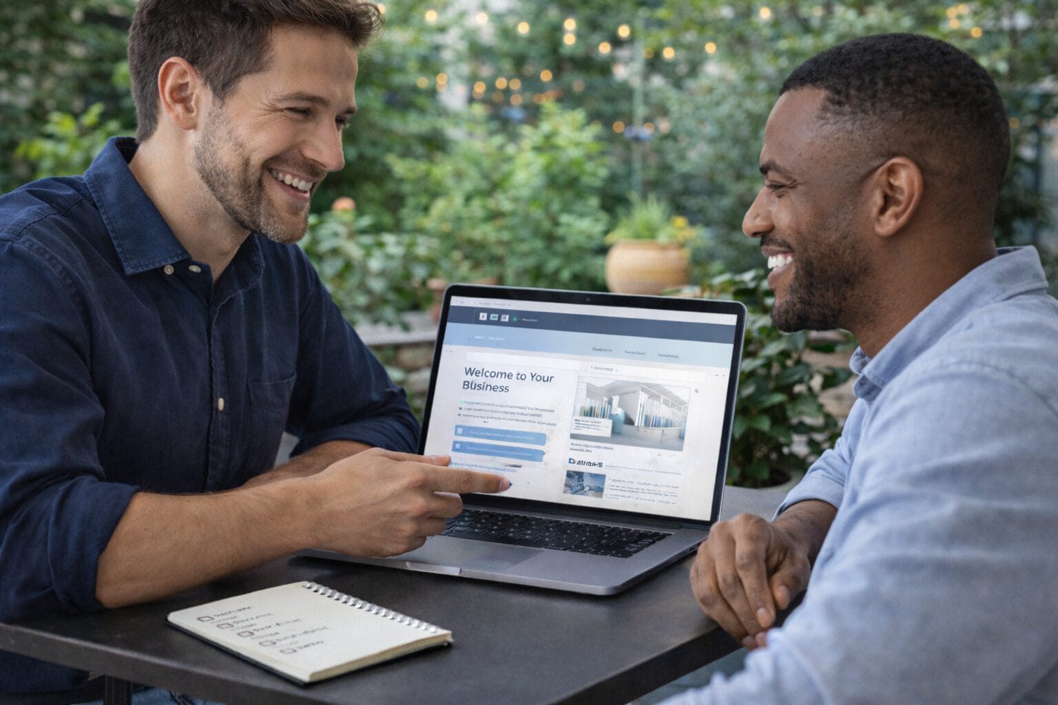 Two men sitting outdoors at a small table, smiling while reviewing a business website on a laptop, with a notebook nearby and greenery in the background, showing a friendly client–partner discussion.