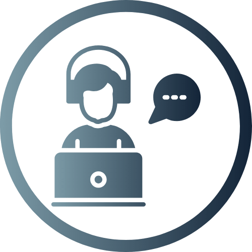 Icon of a customer support agent wearing a headset behind a laptop with a chat bubble, in blue-gray within a circular border.