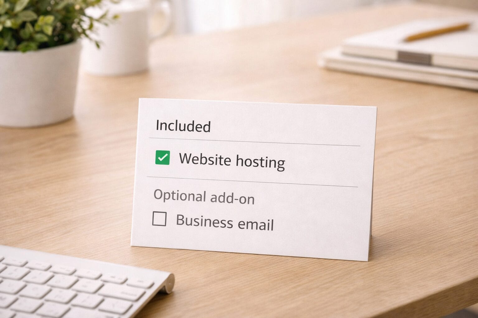 Printed checklist card on a desk showing website hosting marked as included and business email listed as an optional add-on, with a keyboard and office items in the background.