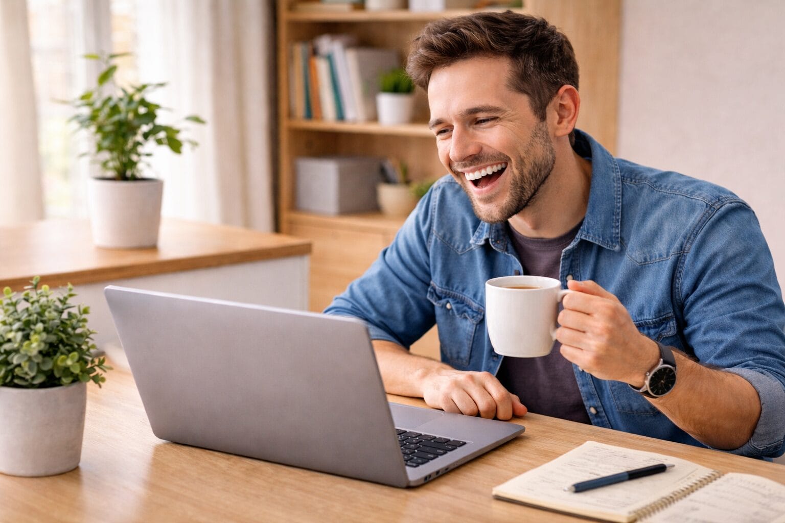 Smiling man in a home office holding a coffee mug while looking at his laptop, seated at a tidy desk with a notebook and plant nearby.