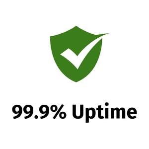 Green shield with white check mark and the text "99.9% Uptime".
