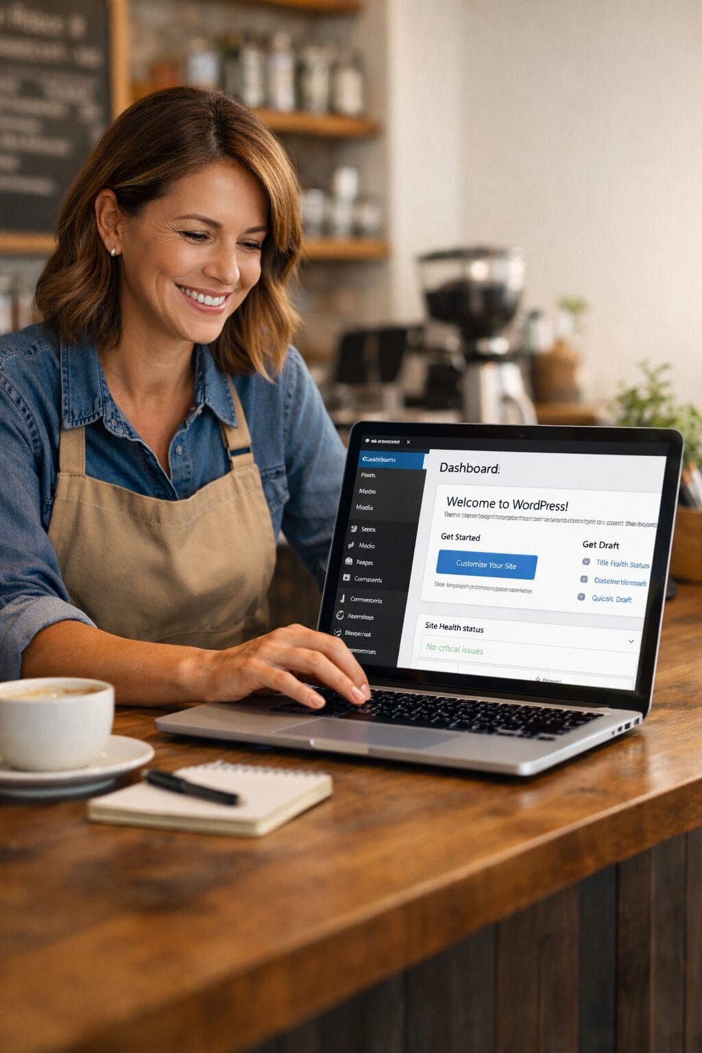 Small business café owner smiling at a counter while working on a laptop that shows the WordPress dashboard, in a warm and tidy coffee shop setting.
