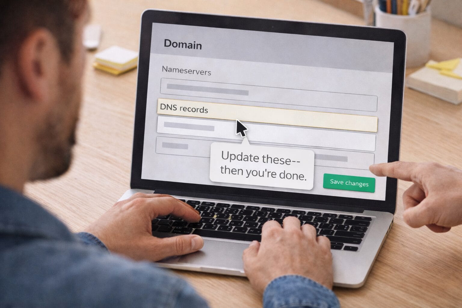 Over-the-shoulder view of a small business owner editing domain settings on a laptop, with nameservers and DNS records highlighted and a pointer guiding the update process.