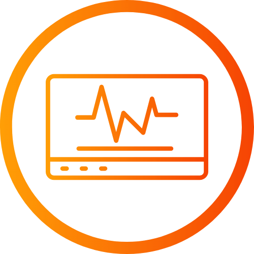 Orange icon of a computer monitor with a heartbeat-style line, inside a circular outline.