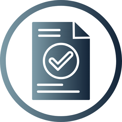 Simple icon of a document with a checkmark inside a circle, outlined in blue-gray.