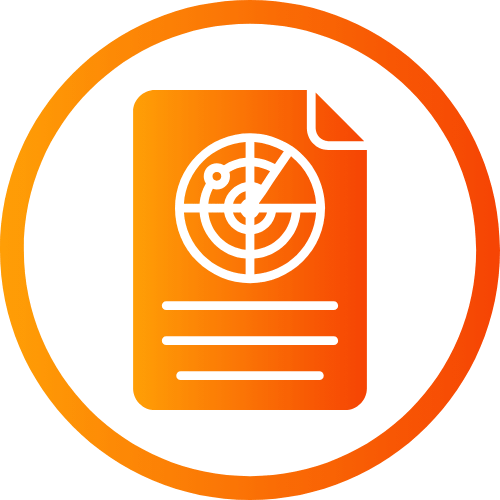 Orange icon of a report document with a chart graphic, inside a circular outline.