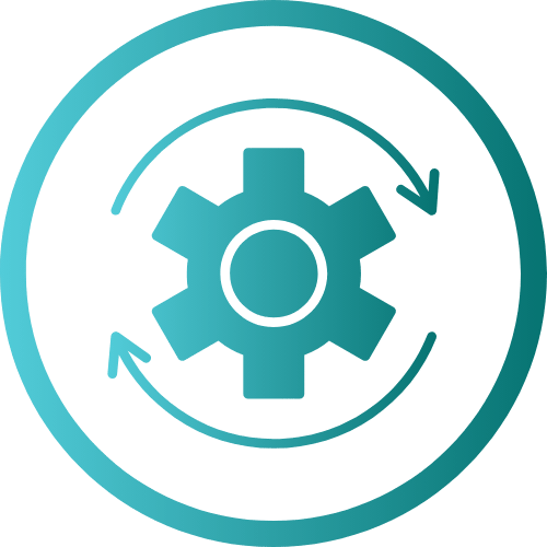 Teal gear icon surrounded by two curved arrows forming a circle, suggesting updates or maintenance.