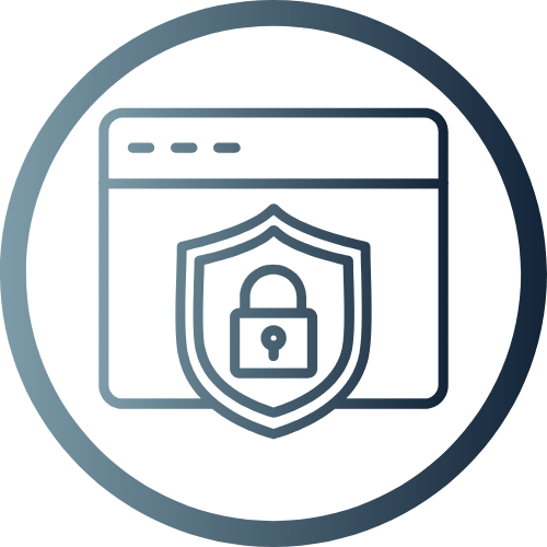 Icon of a web browser window with a shield and padlock, outlined in blue-gray within a circular border.