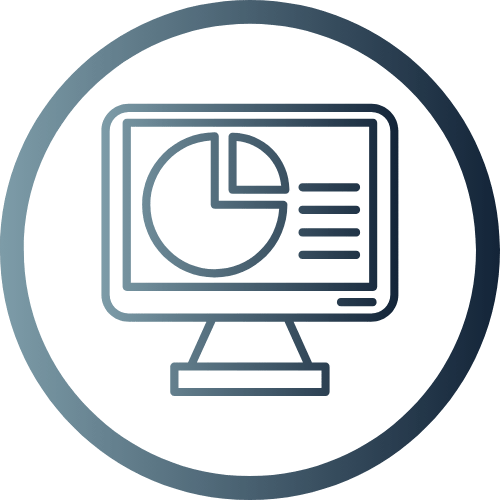 Blue-gray icon of a desktop monitor showing an analytics chart, inside a circular border.
