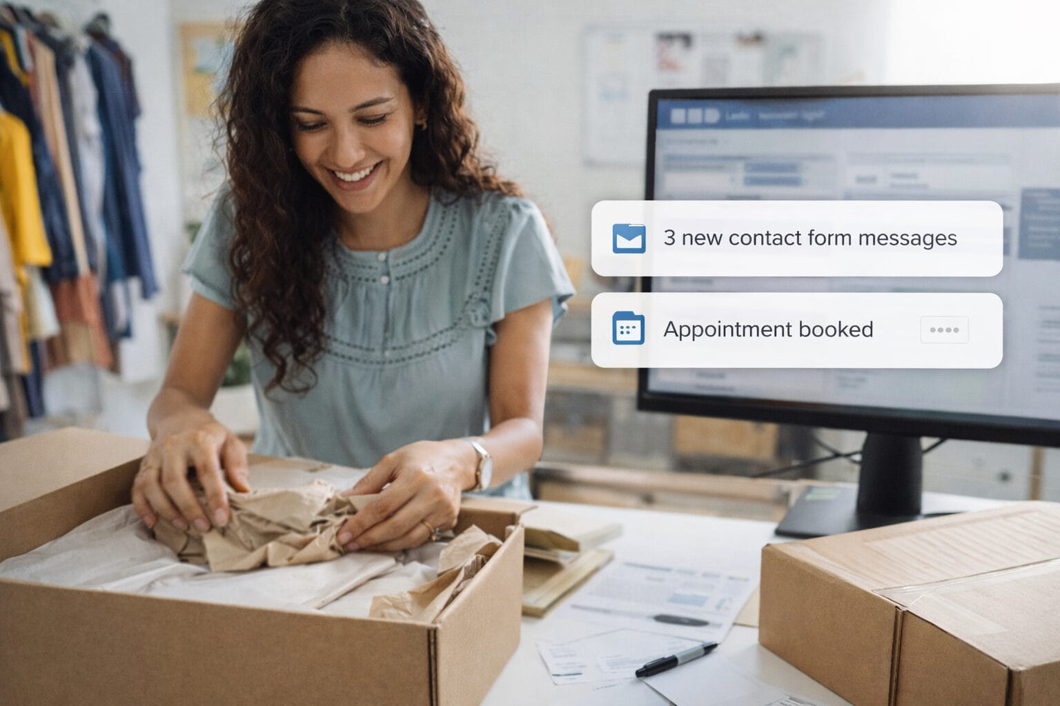 Smiling small business owner packing orders at a clean worktable while a nearby computer shows new website lead notifications, including contact form messages and an appointment booking.