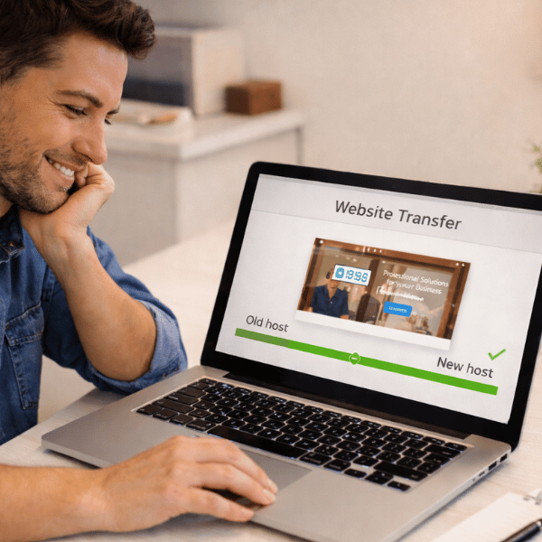 Small business owner smiling at a desk while viewing a completed website transfer on a laptop, showing a fully green progress bar from old host to new host with a success checkmark.